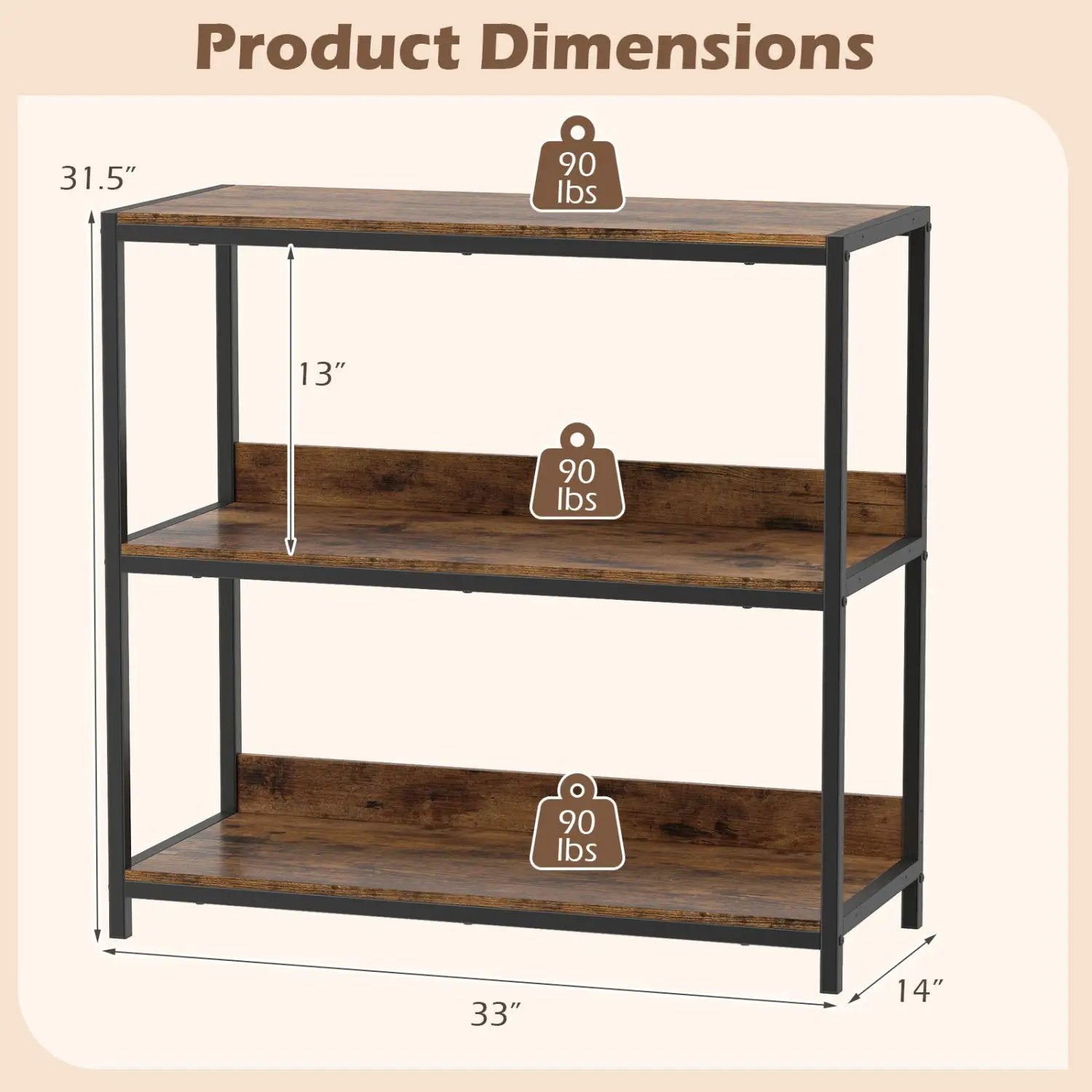3-Tier Industrial Bookshelf with Wooden Shelves and Metal Frame by DirectDeals