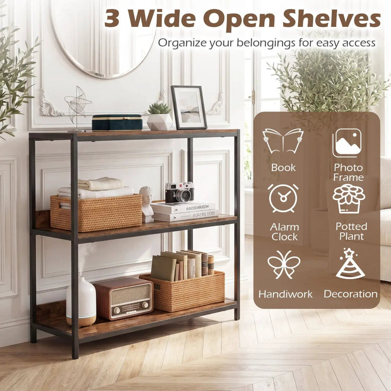 3-Tier Industrial Bookshelf with Wooden Shelves and Metal Frame by DirectDeals