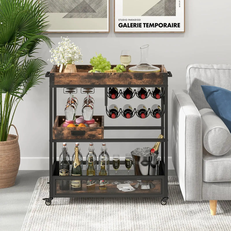 3-Tier Industrial Buffet Serving Cart with Wine Rack by DirectDeals