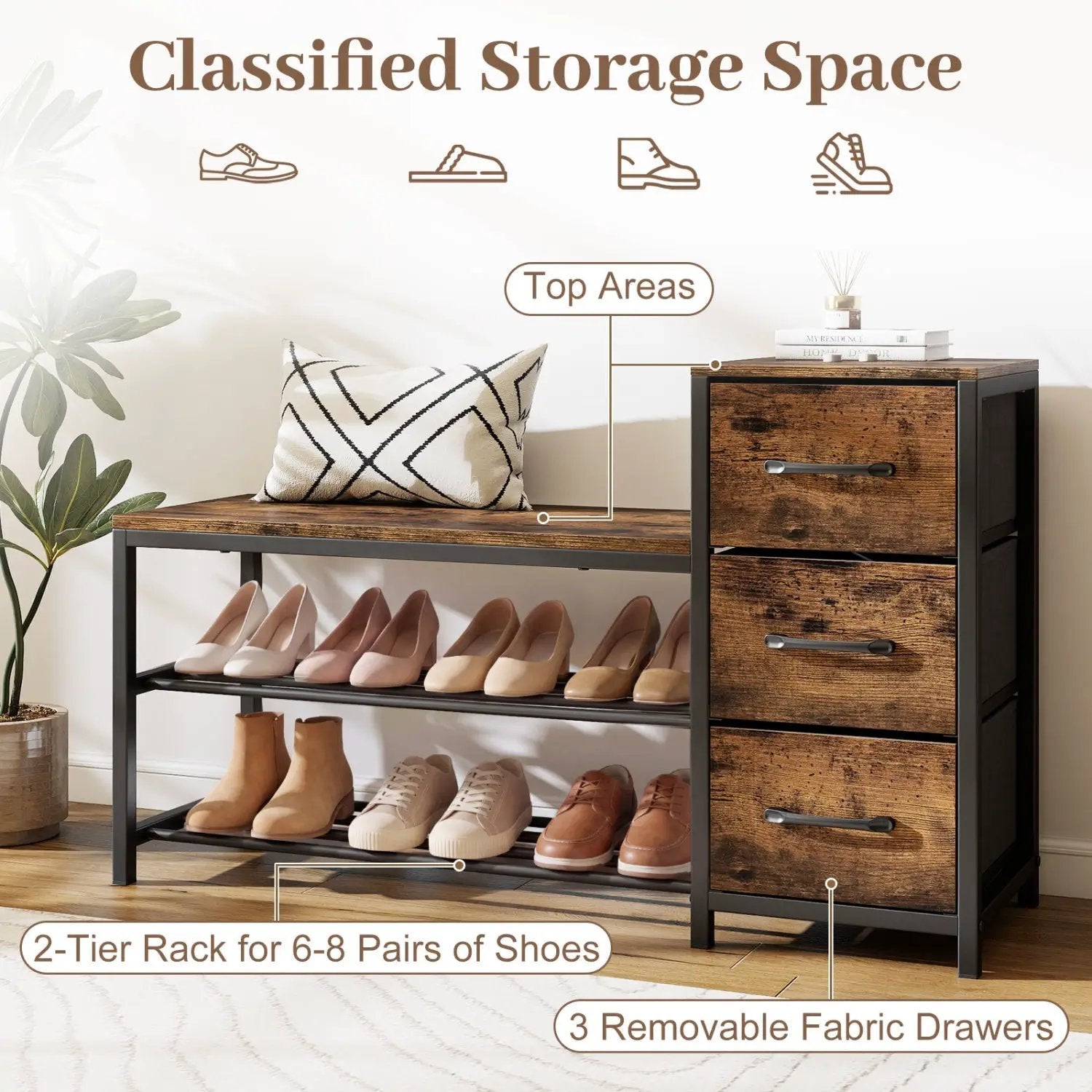3-Tier Shoe Bench with Removable Fabric Drawers by DirectDeals