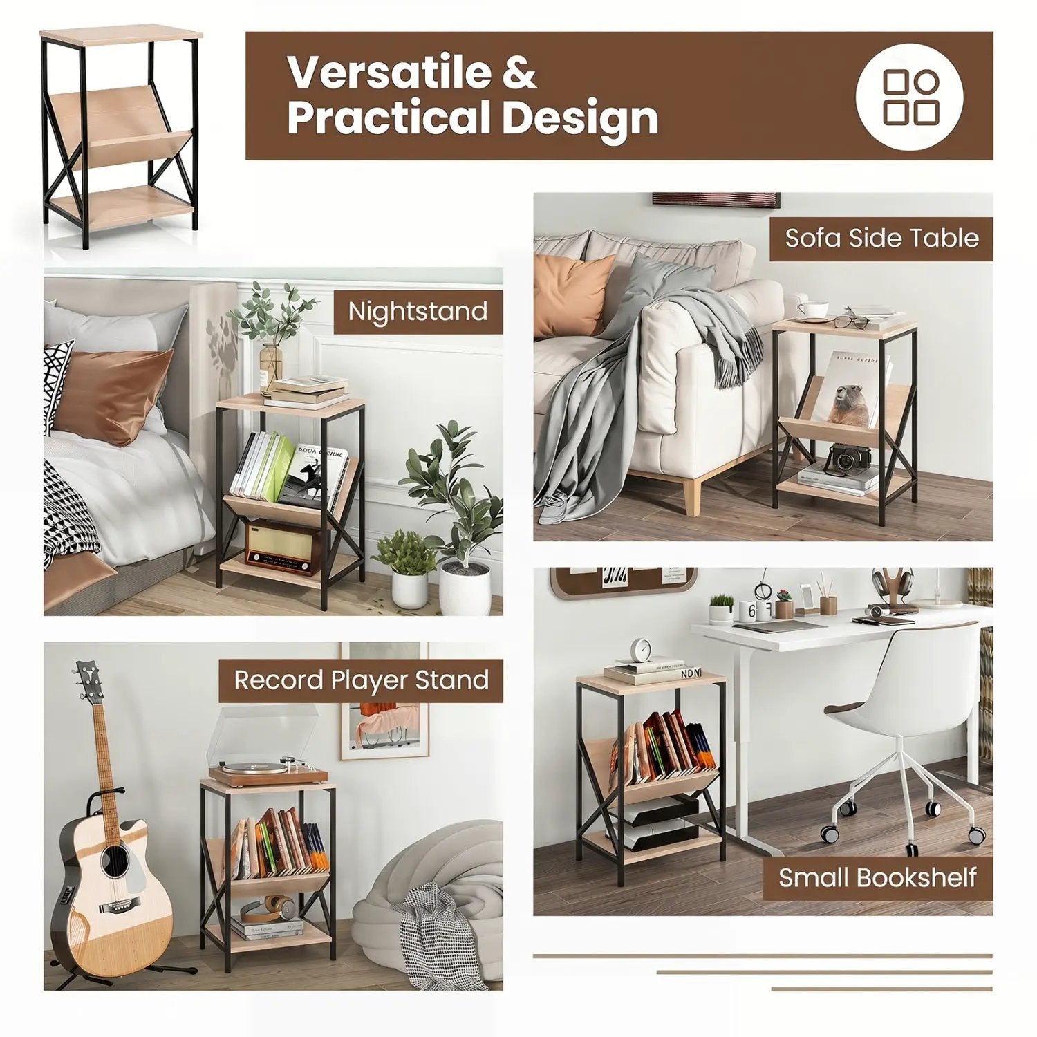 3-Tier Industrial Side Table with V-Shaped Bookshelf by DirectDeals