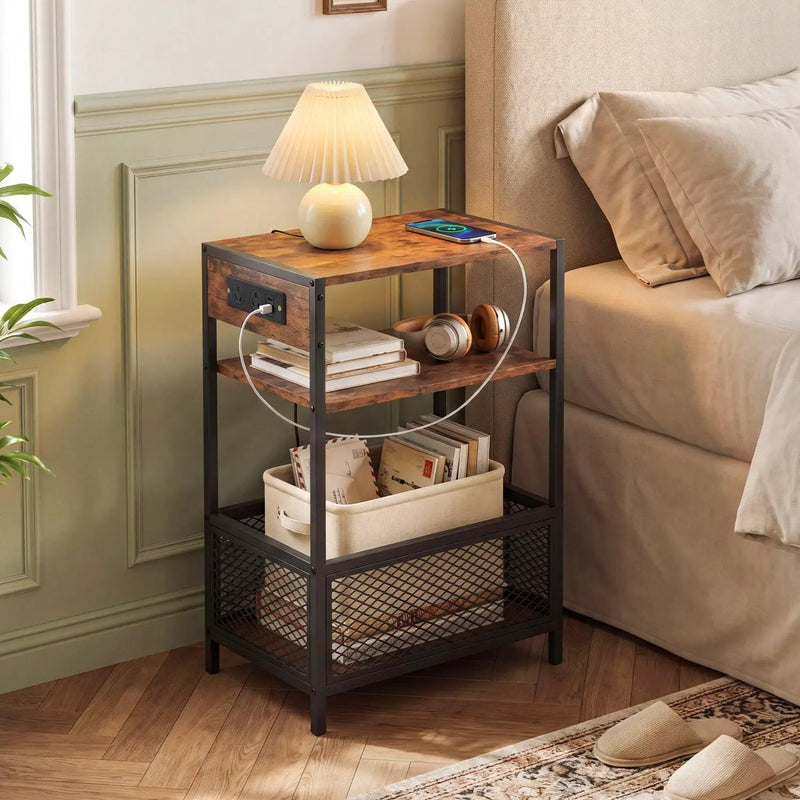 Industrial Side Table with USB-C & AC Outlets, 3-Tier by DirectDeals