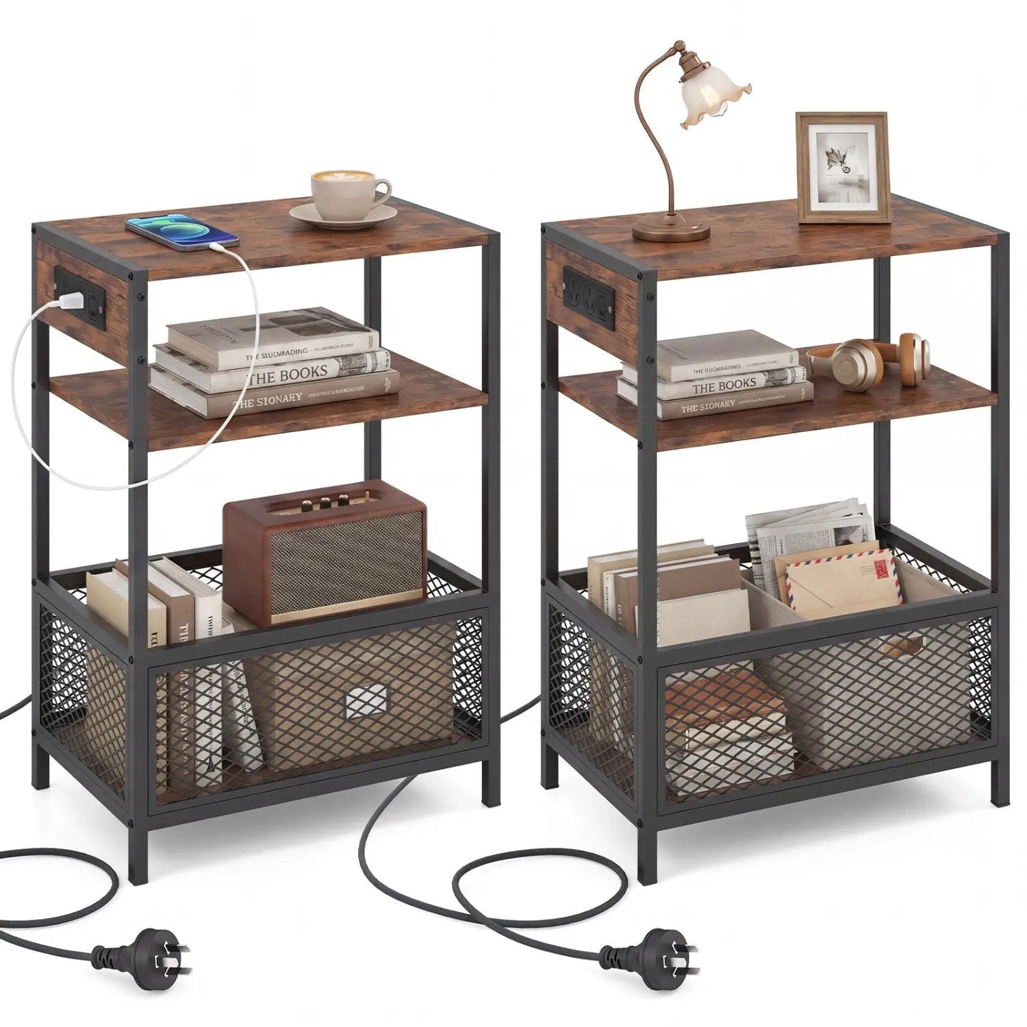 Industrial Side Table with USB-C & AC Outlets, 3-Tier by DirectDeals