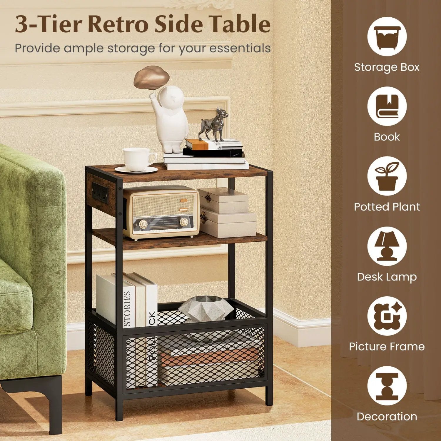 Industrial Side Table with USB-C & AC Outlets, 3-Tier by DirectDeals