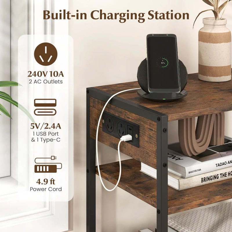 Industrial Side Table with USB-C & AC Outlets, 3-Tier by DirectDeals