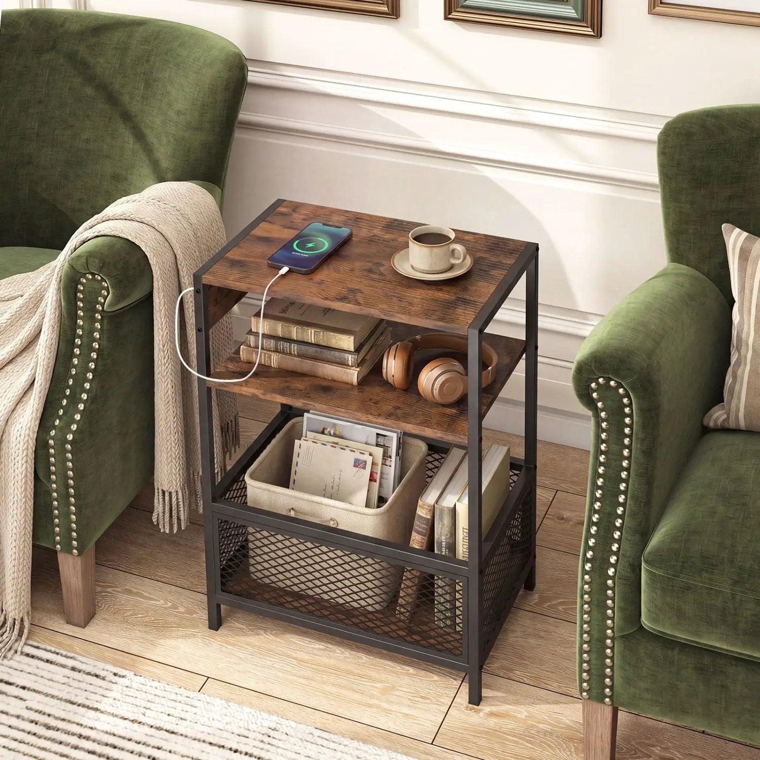 Industrial Side Table with Built-In Charging Station by DirectDeals