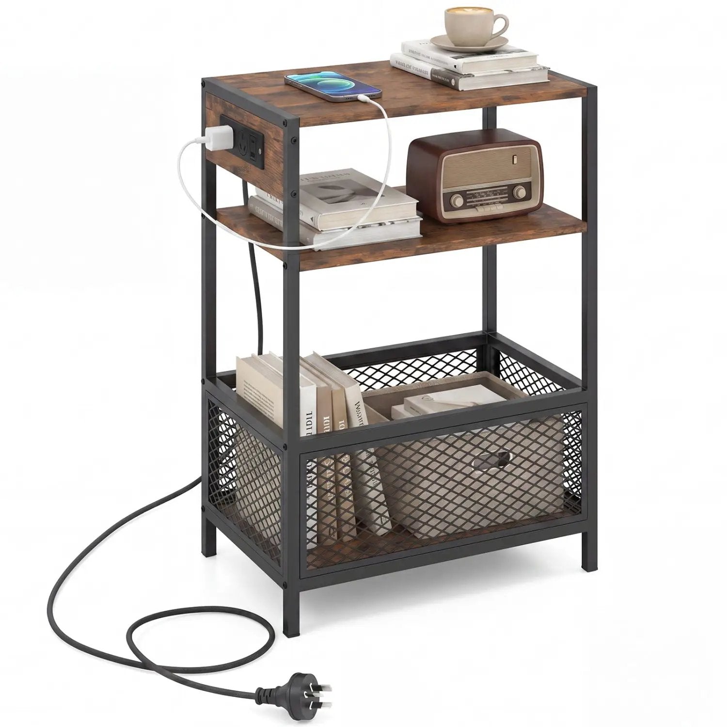 Industrial Side Table with Built-In Charging Station by DirectDeals