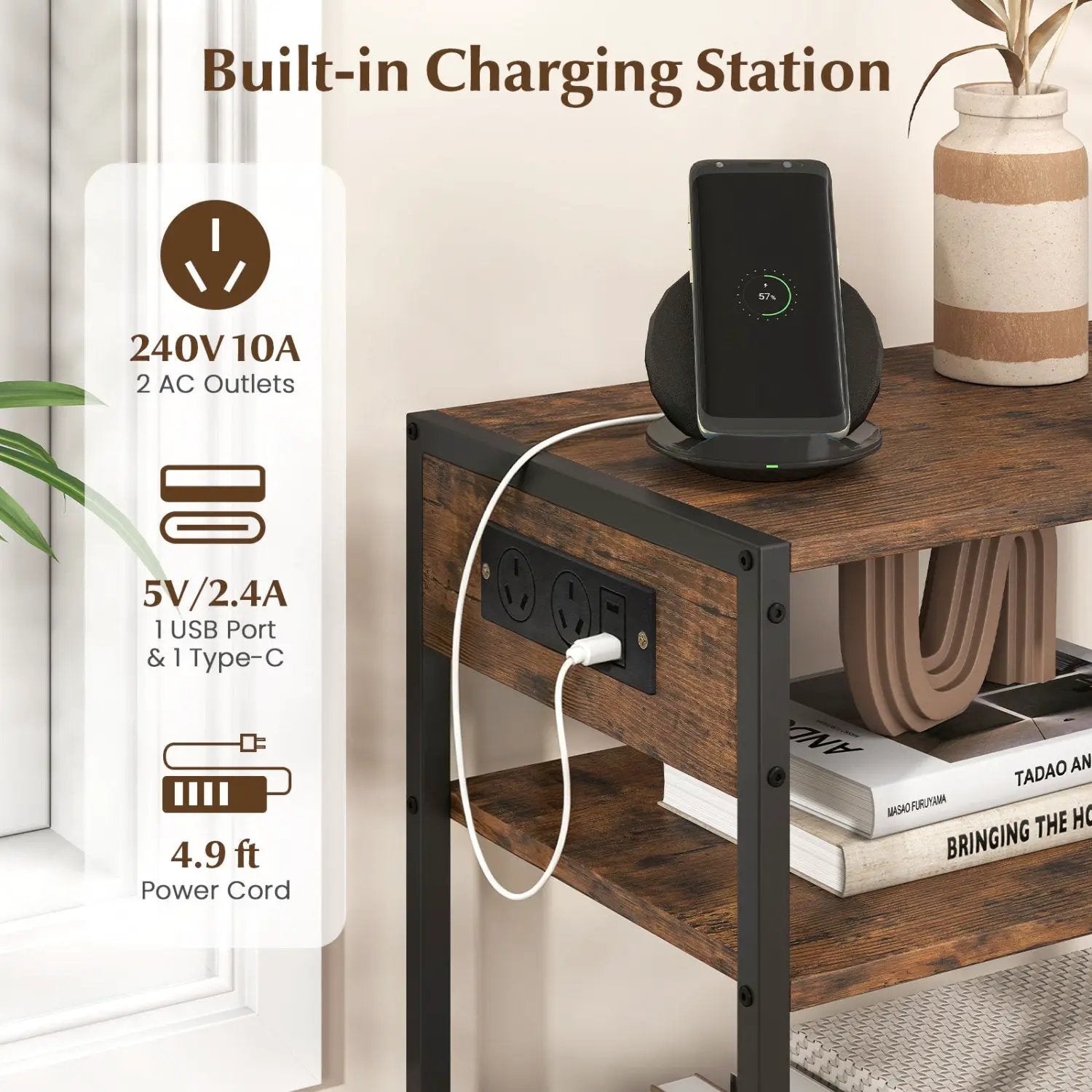 Industrial Side Table with Built-In Charging Station by DirectDeals