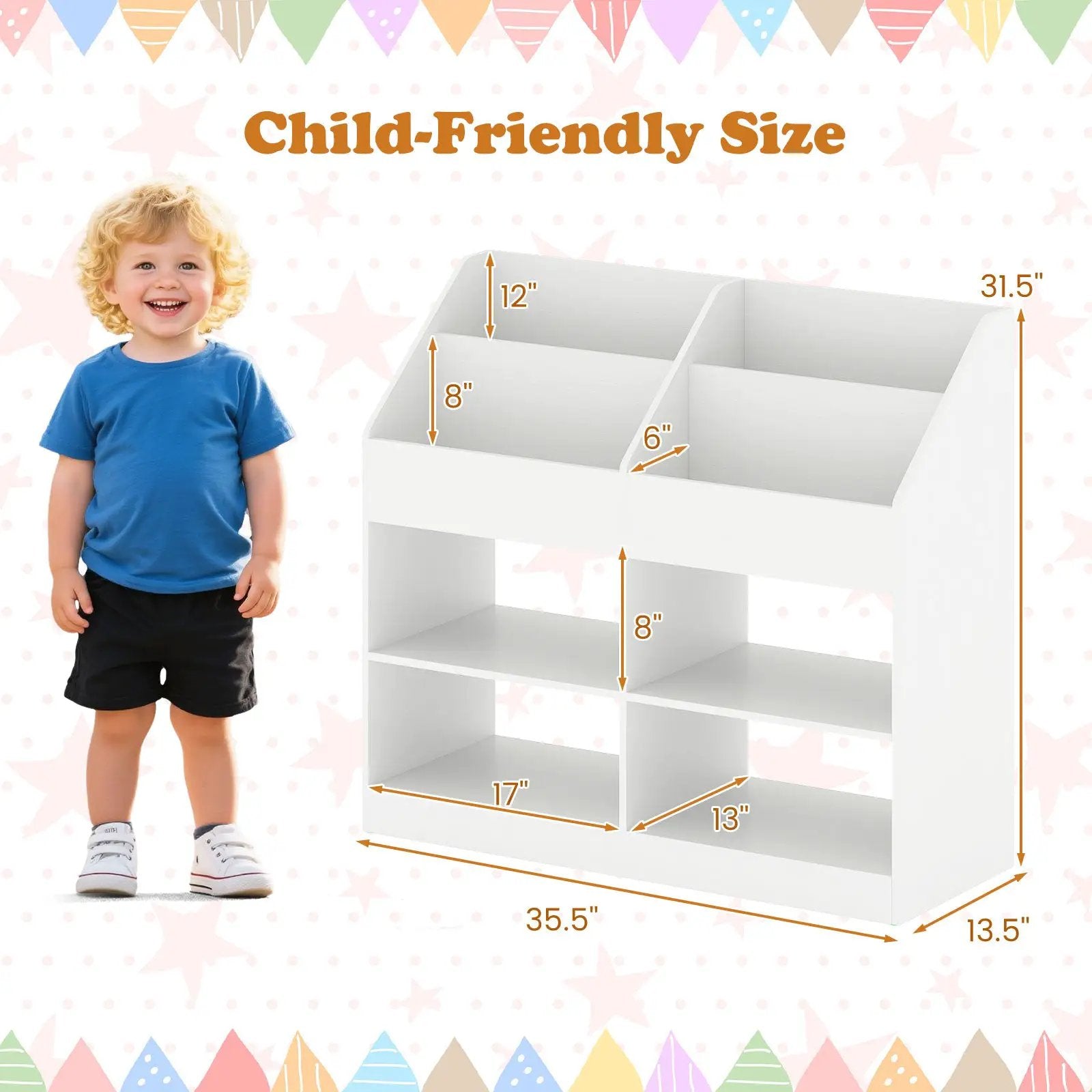 3-Tier Kid's Bookshelf Toy Storage Organizer with Display Rack and 4 Compartments-White by DirectDeals