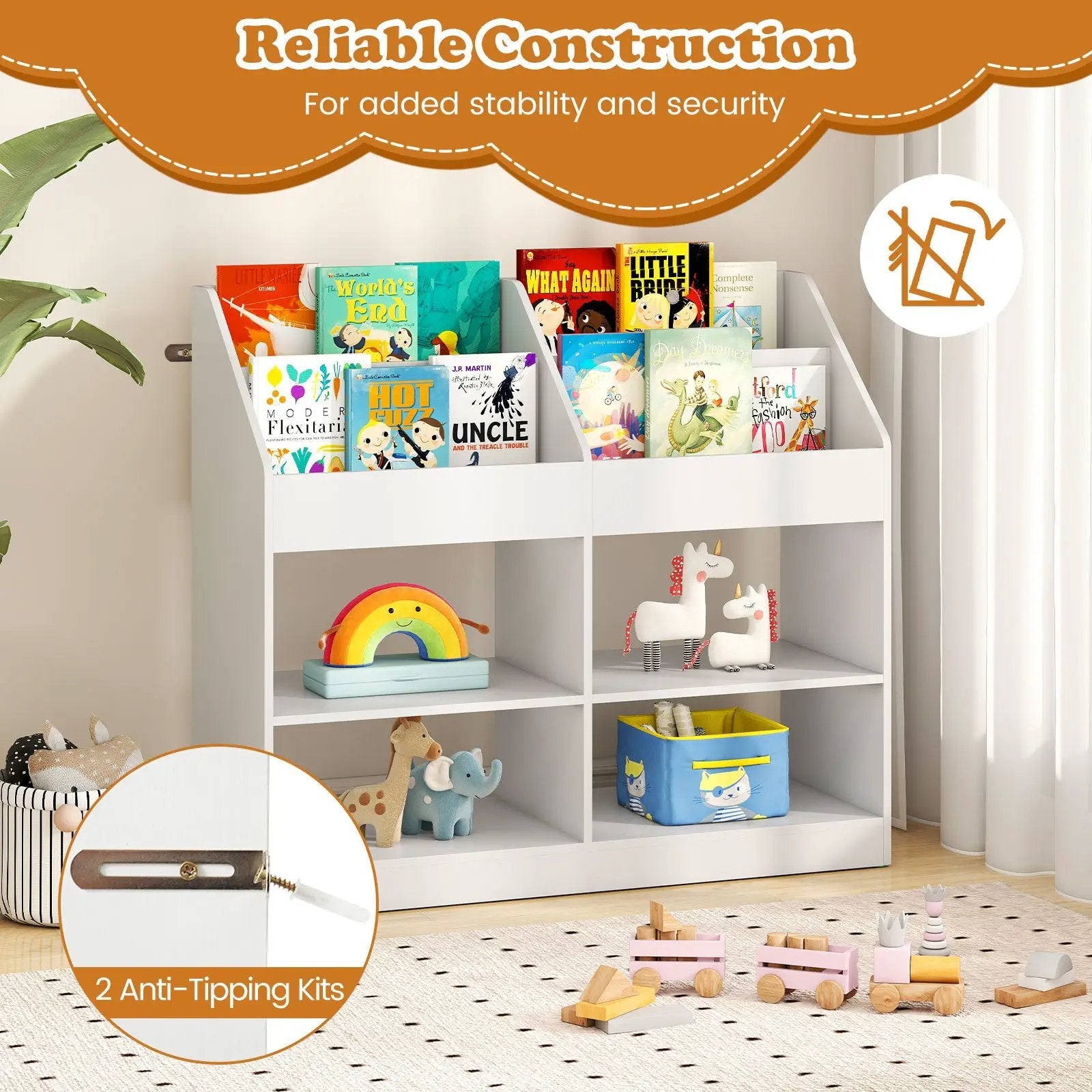 3-Tier Kid's Bookshelf Toy Storage Organizer with Display Rack and 4 Compartments-White by DirectDeals