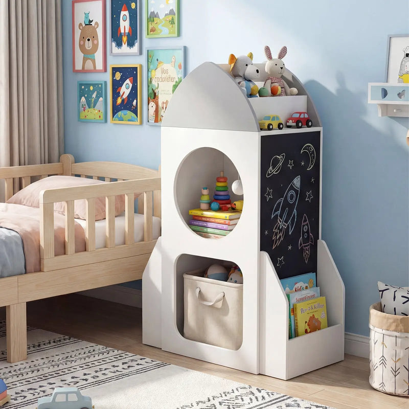 3-Tier Kids Bookshelf Rocket Space Theme Toddler Toy Storage Organizer-White by DirectDeals