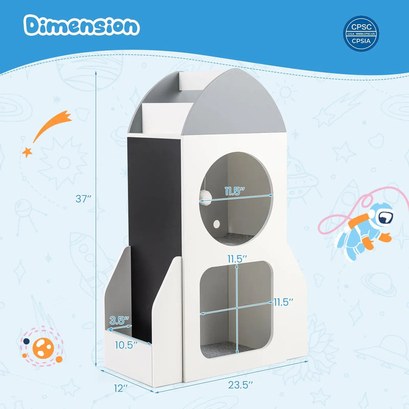 3-Tier Kids Bookshelf Rocket Space Theme Toddler Toy Storage Organizer-White by DirectDeals