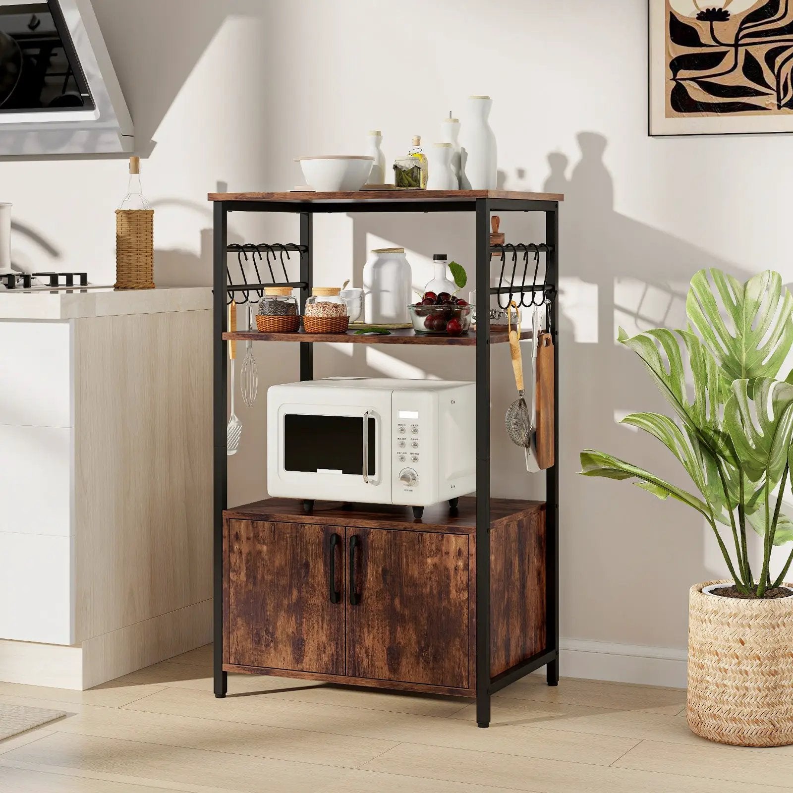 3-Tier Kitchen Baker’s Rack with Cabinet and 2 Open Shelves-Brown by DirectDeals