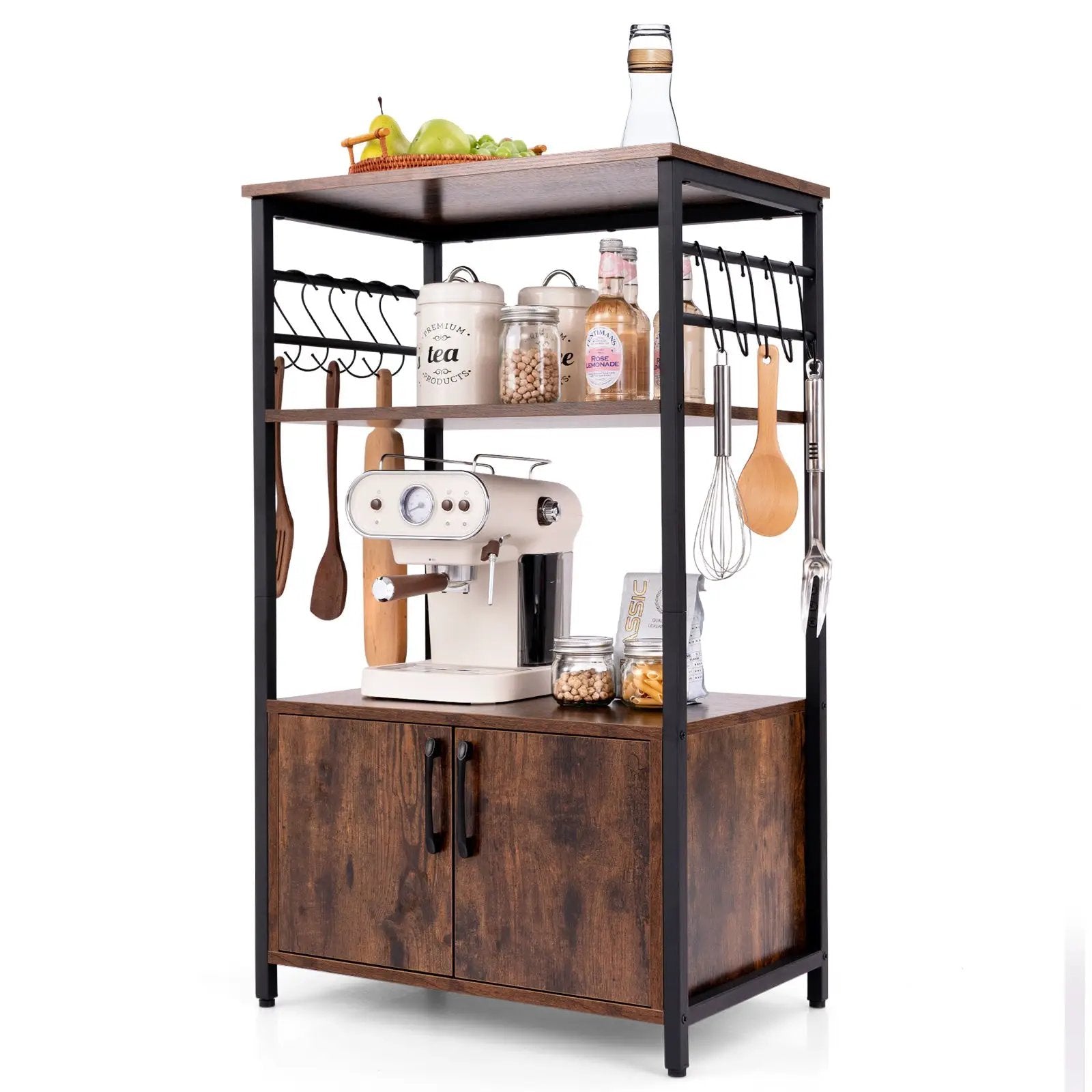 3-Tier Kitchen Baker’s Rack with Cabinet and 2 Open Shelves-Brown by DirectDeals