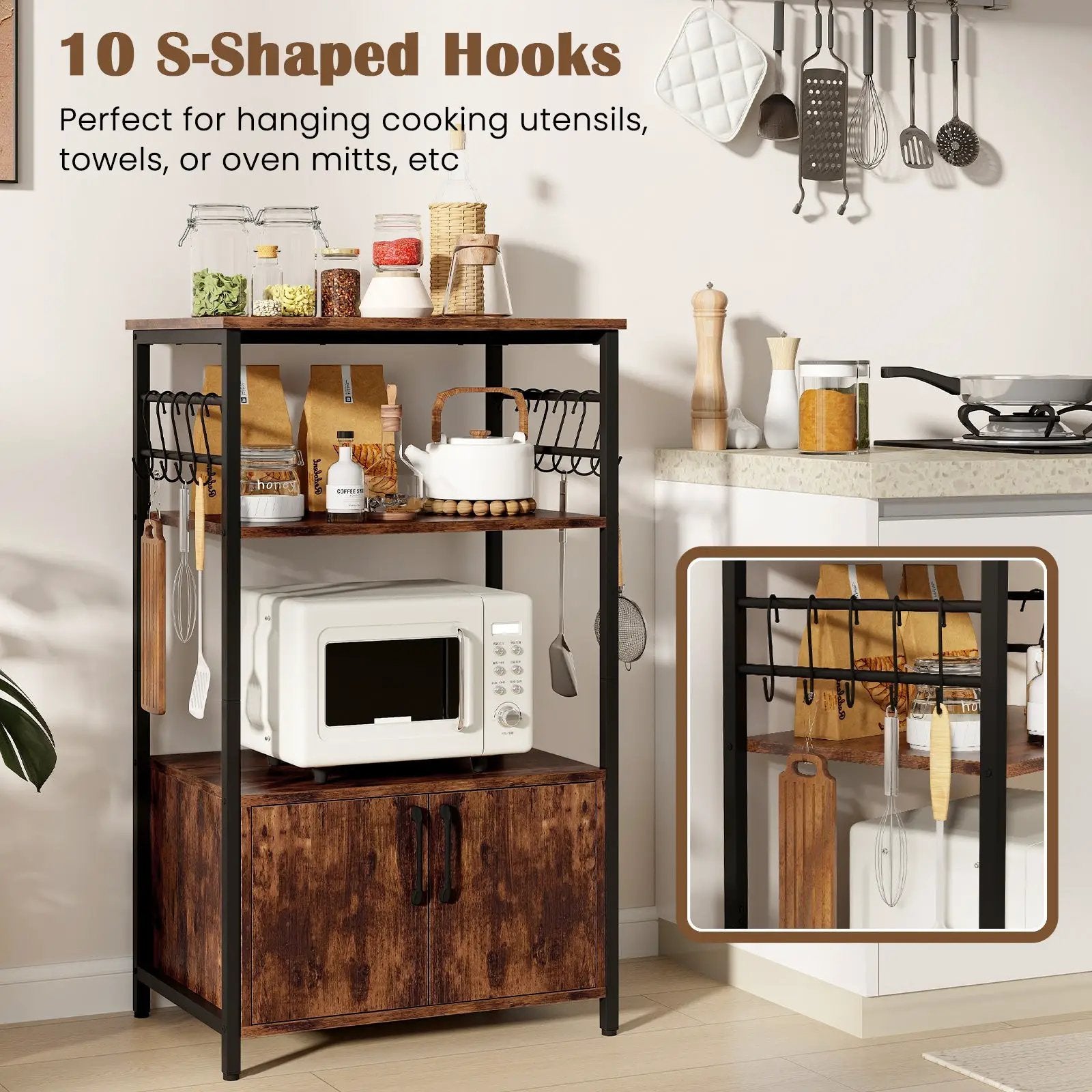3-Tier Kitchen Baker’s Rack with Cabinet and 2 Open Shelves-Brown by DirectDeals
