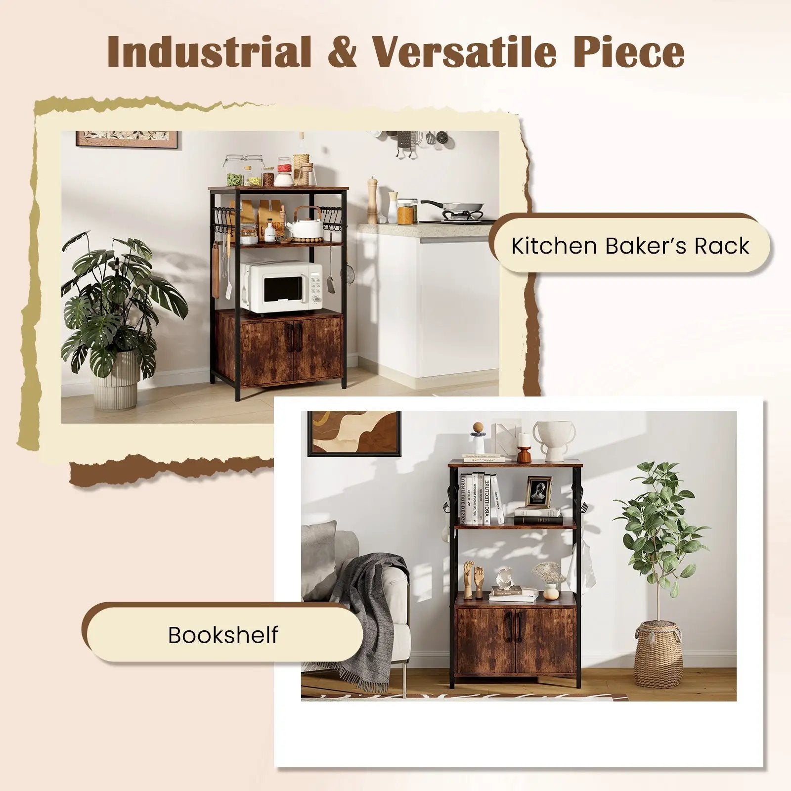 3-Tier Kitchen Baker’s Rack with Cabinet and 2 Open Shelves-Brown by DirectDeals
