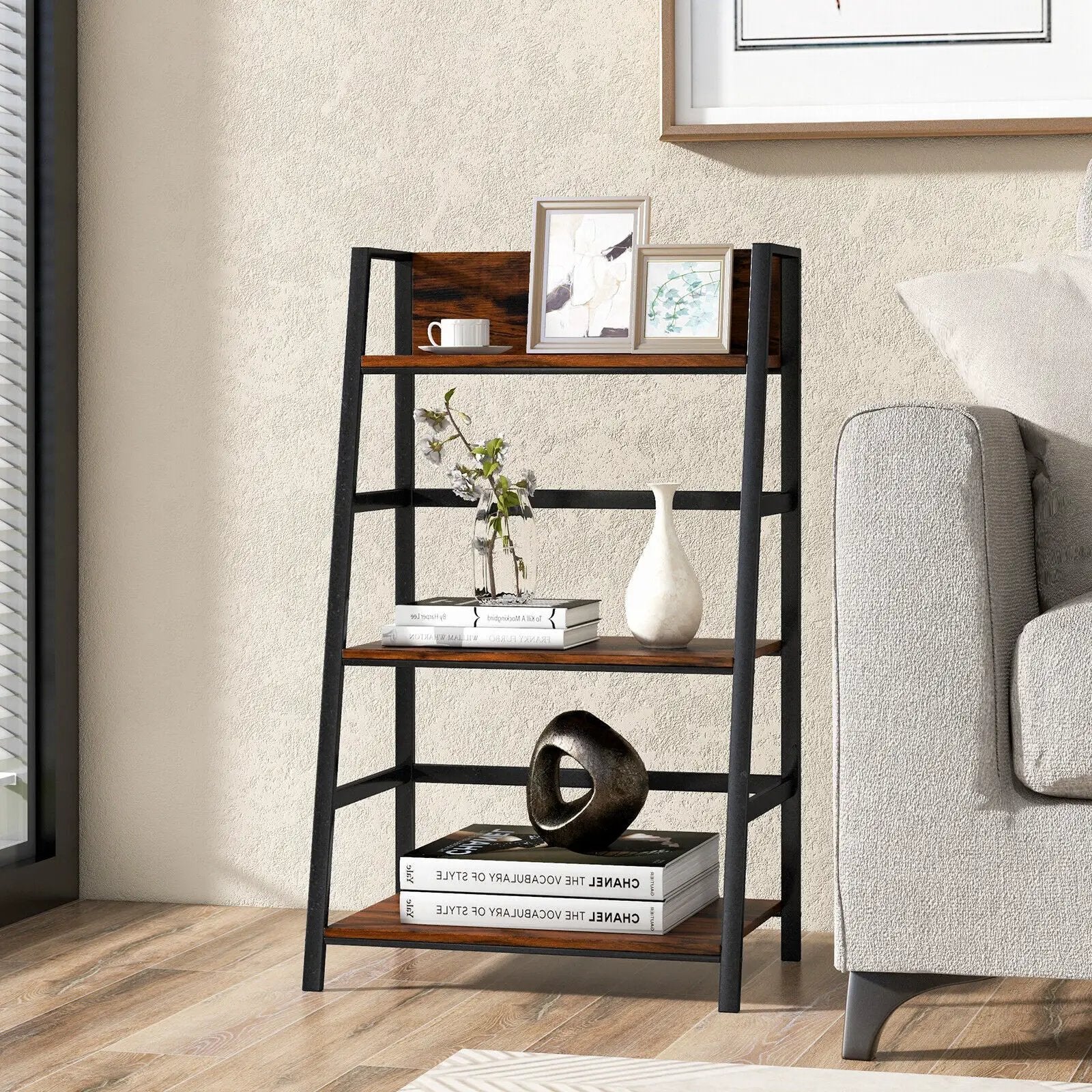 3-Tier Ladder Industrial Bookshelf with Metal Frame by DirectDeals