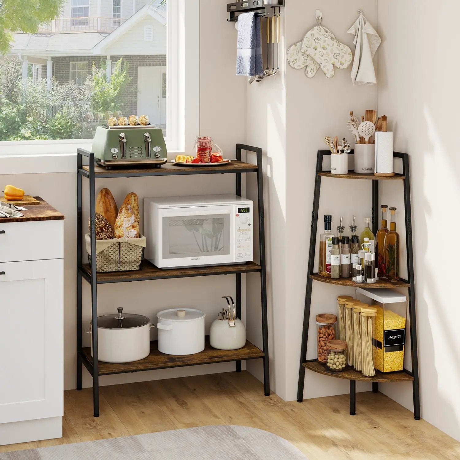 3-Tier Ladder Shelf and Corner Shelf Set with Metal Frame by DirectDeals
