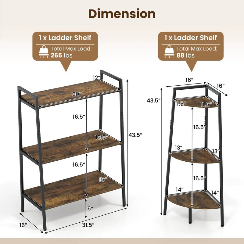 3-Tier Ladder Shelf and Corner Shelf Set with Metal Frame by DirectDeals