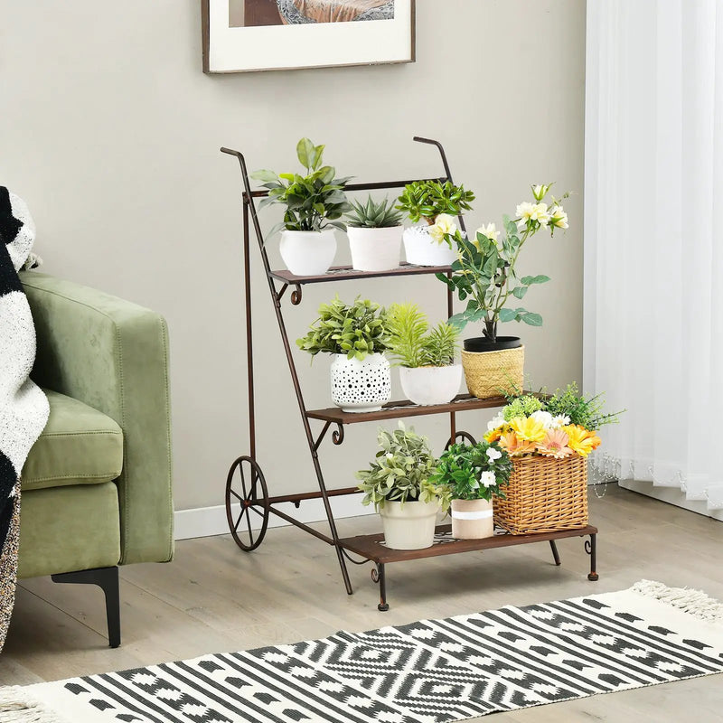 3-Tier Metal Plant Stand with Wheels and Handle for Balcony by DirectDeals