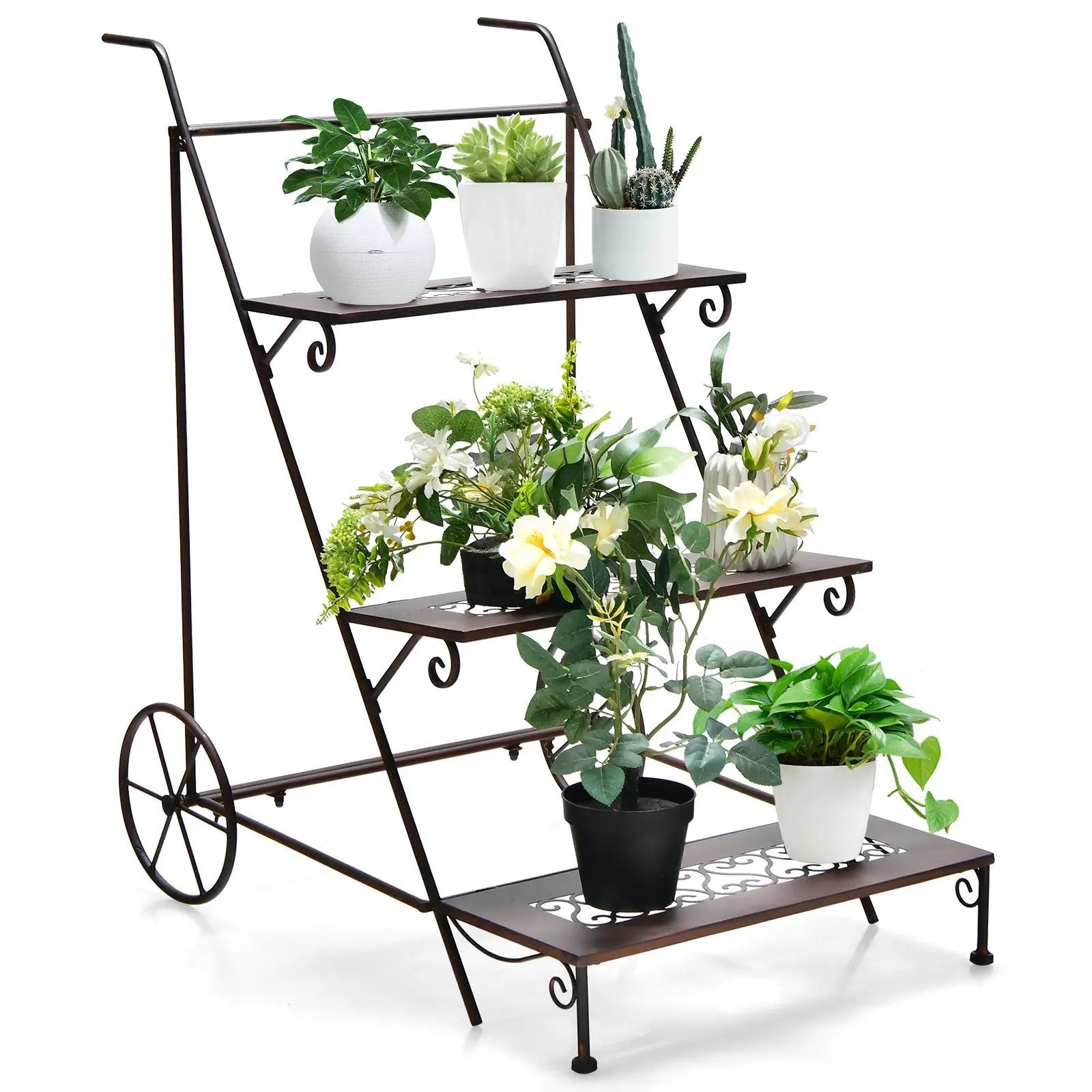 3-Tier Metal Plant Stand with Wheels and Handle for Balcony by DirectDeals