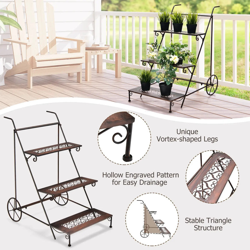 3-Tier Metal Plant Stand with Wheels and Handle for Balcony by DirectDeals