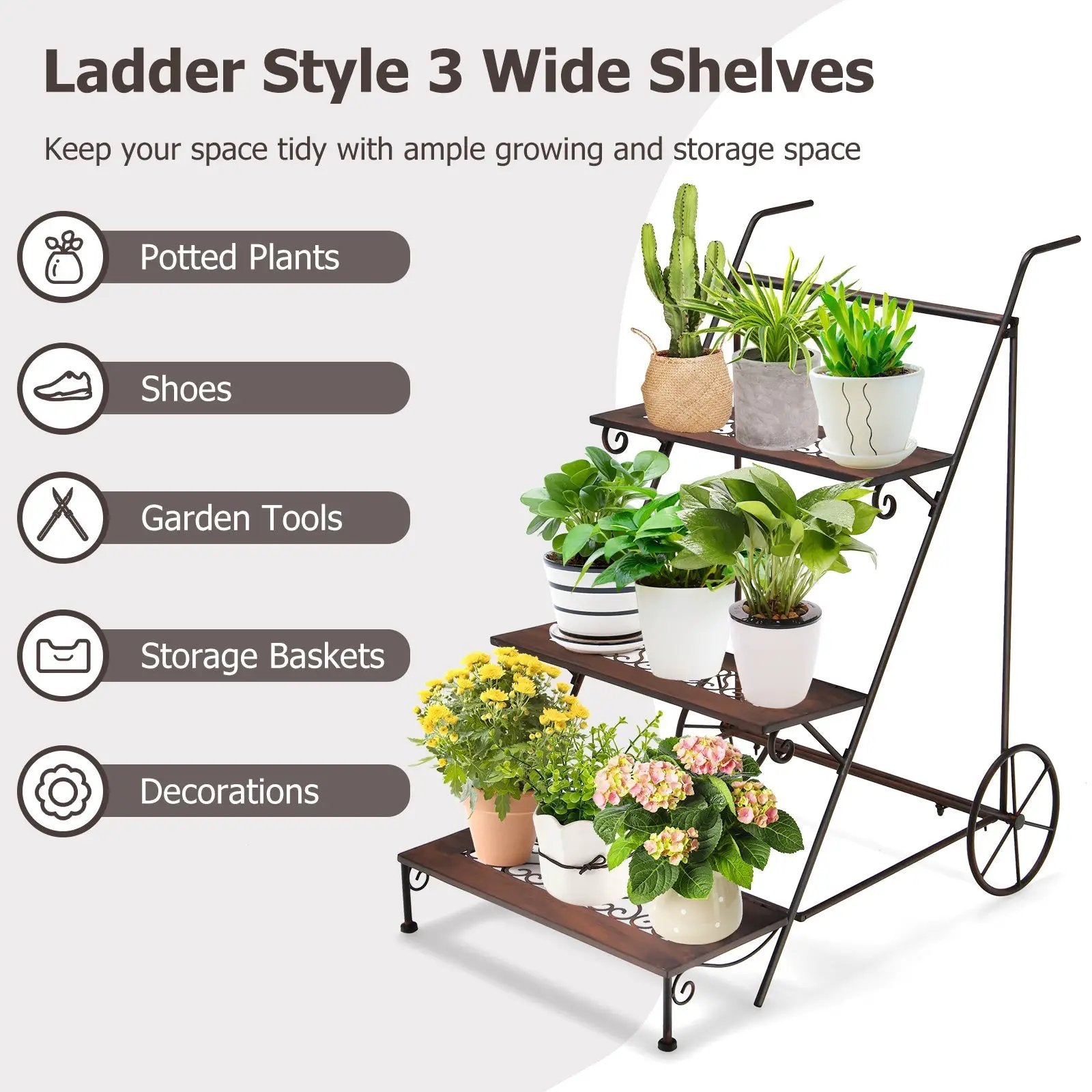 3-Tier Metal Plant Stand with Wheels and Handle for Balcony by DirectDeals