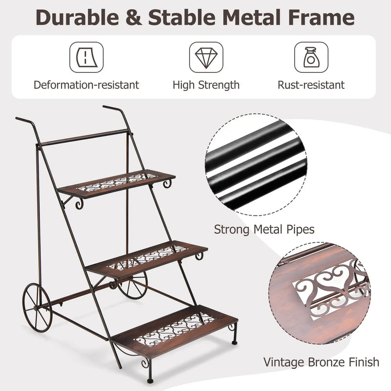 3-Tier Metal Plant Stand with Wheels and Handle for Balcony by DirectDeals