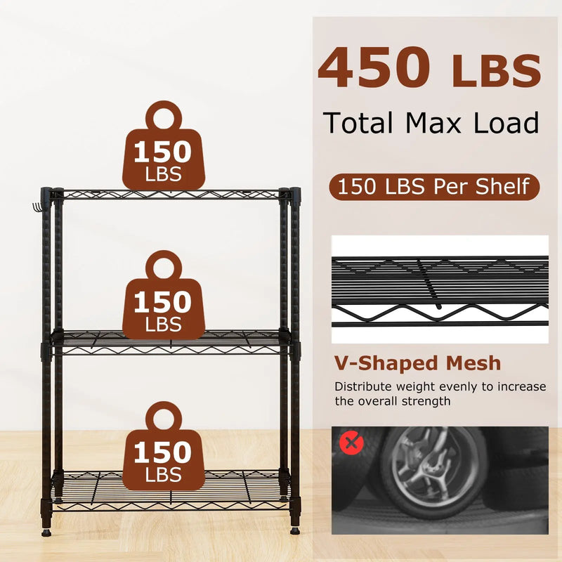 3-Tier Metal Storage Shelving Unit with V-Shaped Wire Rack and 450 LBS Capacity-Black by DirectDeals