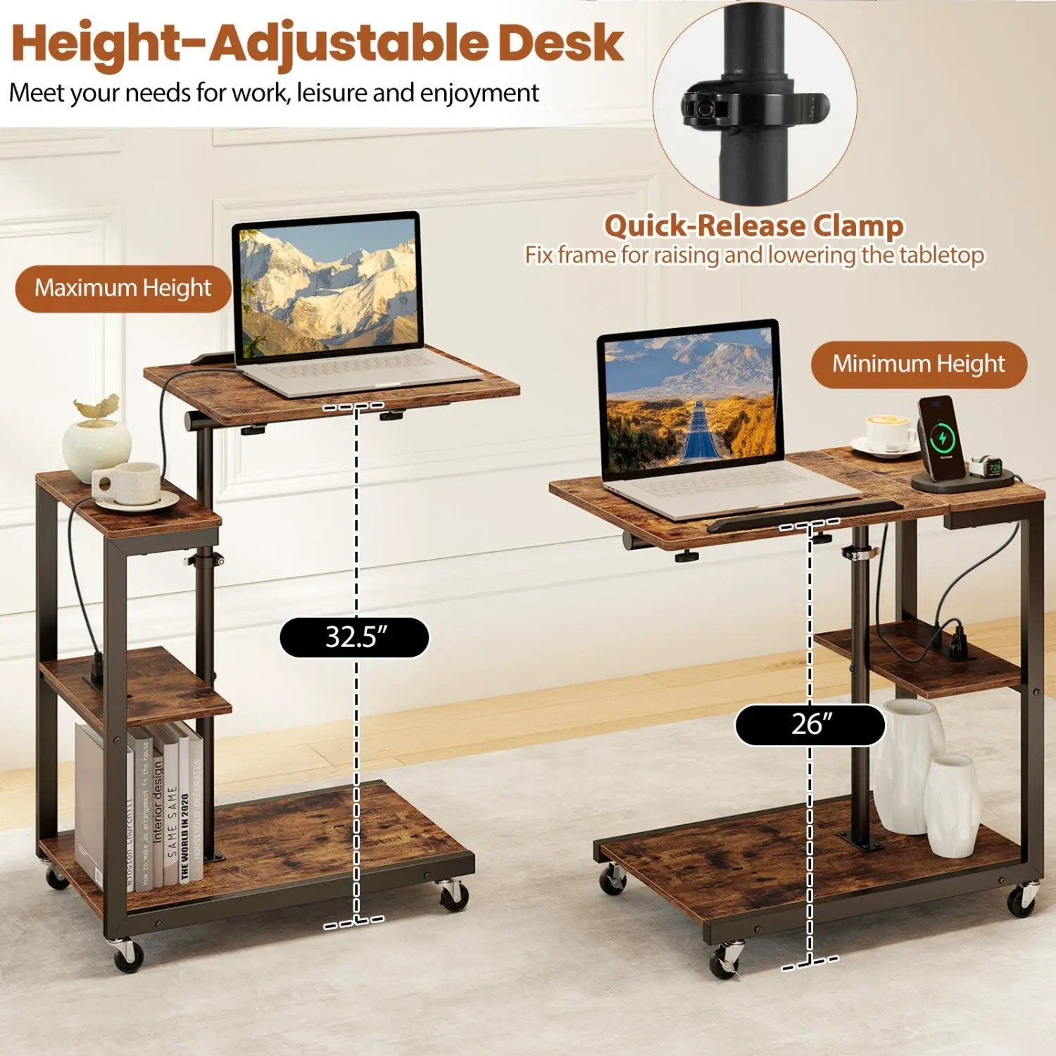 3-Tier Mobile Couch Side Table with Tiltable Tabletop by DirectDeals