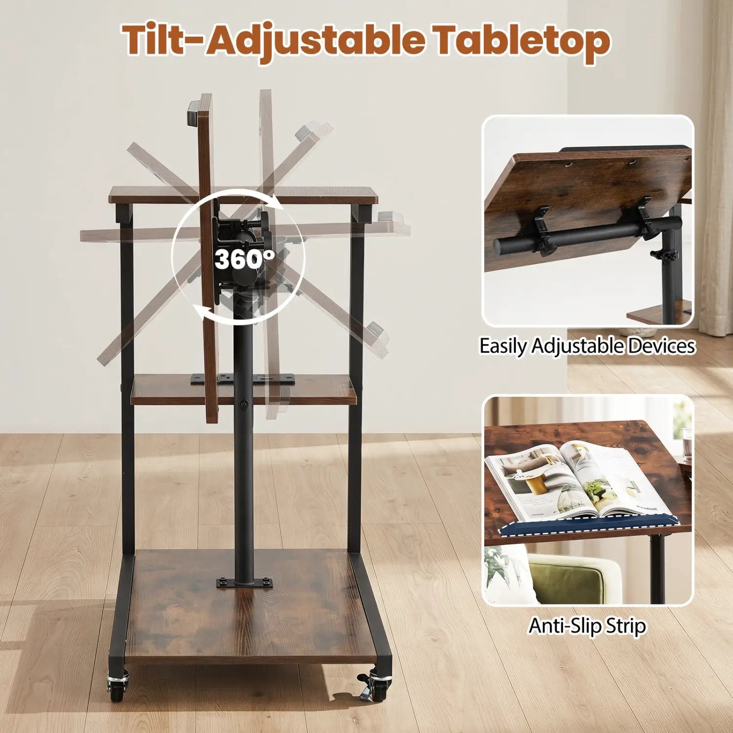 3-Tier Mobile Couch Side Table with Tiltable Tabletop by DirectDeals