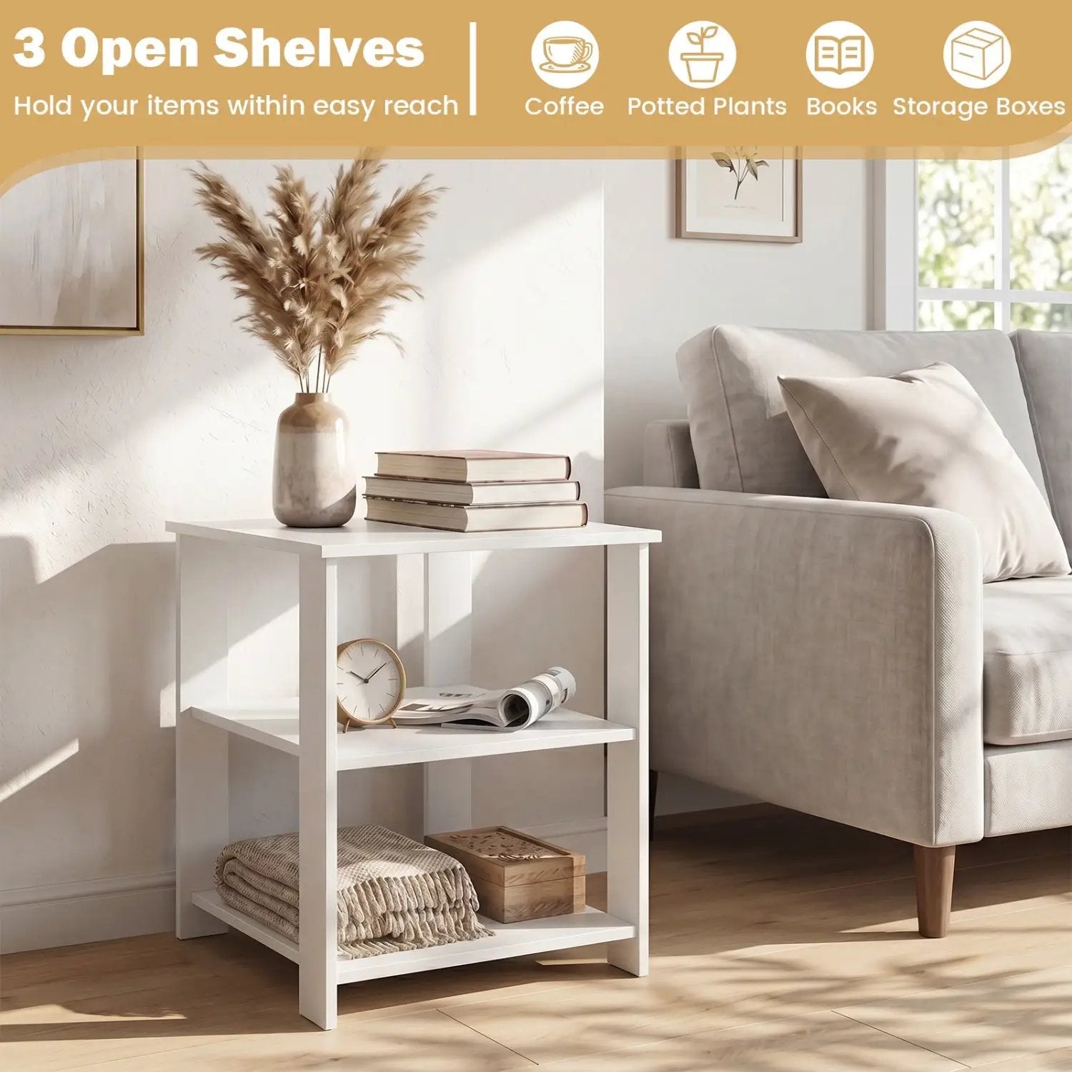 3-Tier Square Side Table with Open Storage Shelves by DirectDeals