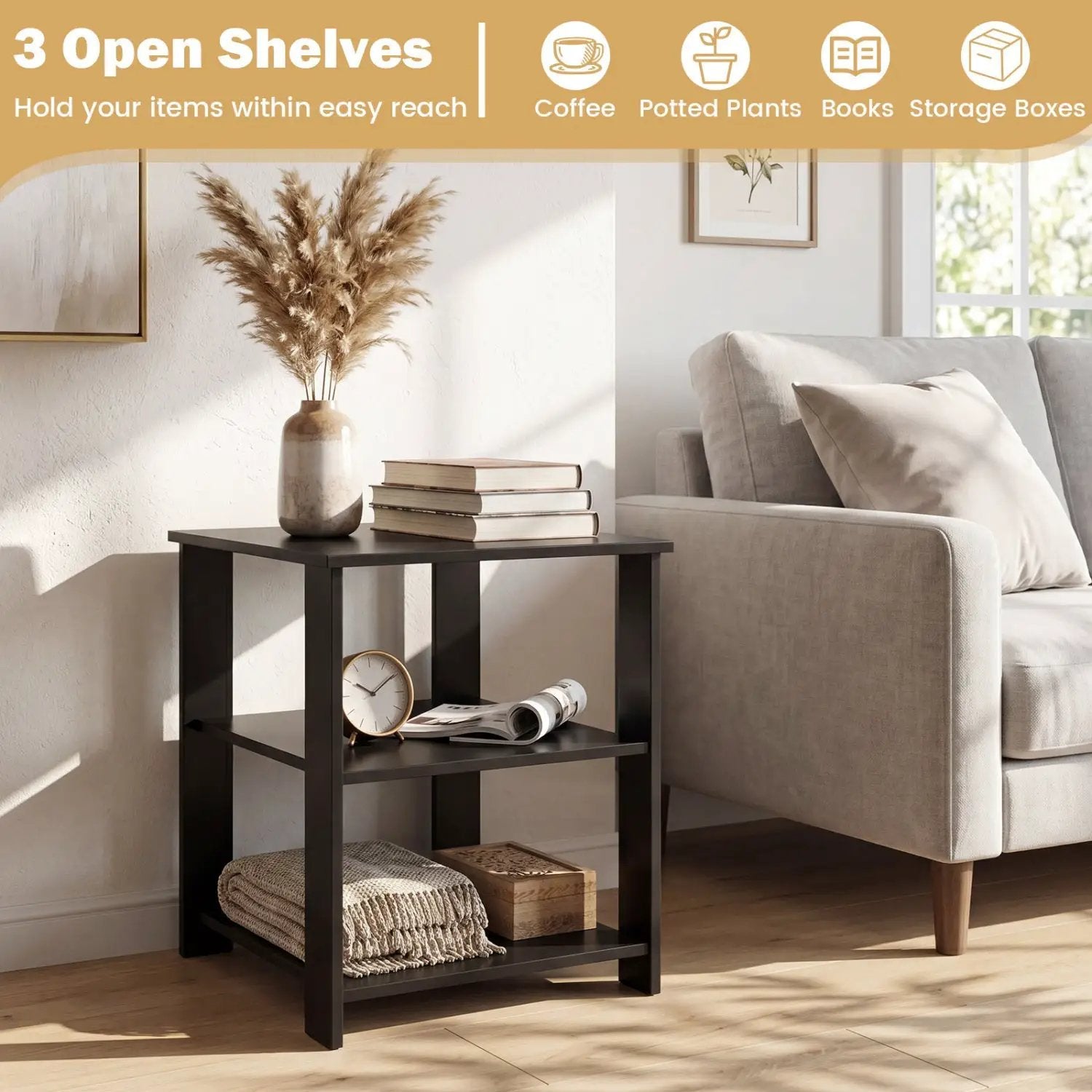 3-Tier Square Side Table with Open Storage Shelves Set of 2 by DirectDeals