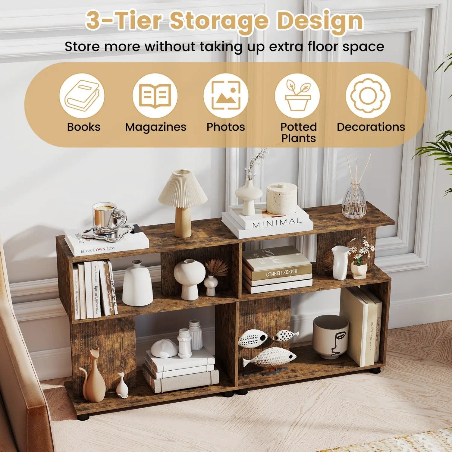 3-Tier S-Shaped Bookshelf with Adjustable Feet by DirectDeals