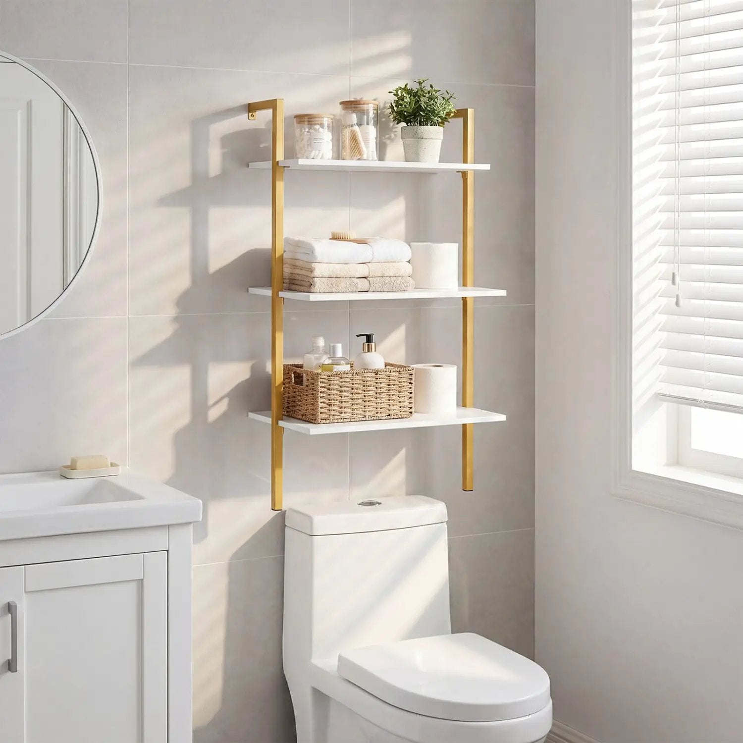 3-Tier Modern Wall Mounted Shelves Wooden Floating Shelving Unit Metal Ladder Bookshelf by DirectDeals