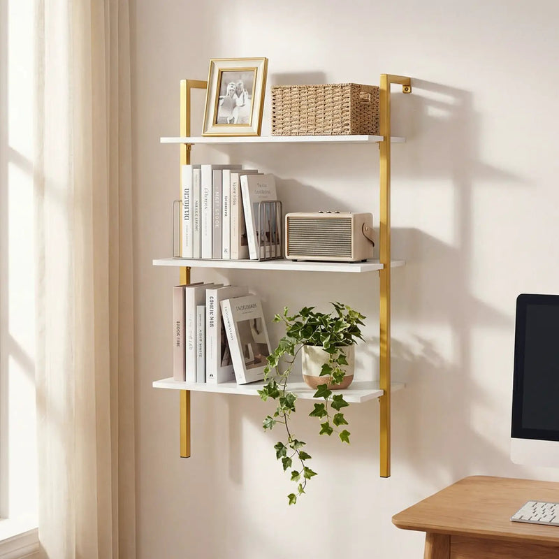3-Tier Modern Wall Mounted Shelves Wooden Floating Shelving Unit Metal Ladder Bookshelf by DirectDeals