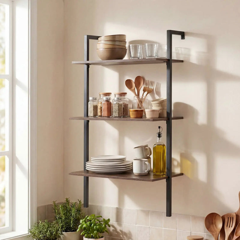 3-Tier Wall Mounted Ladder Bookshelf - Rustic Brown by DirectDeals