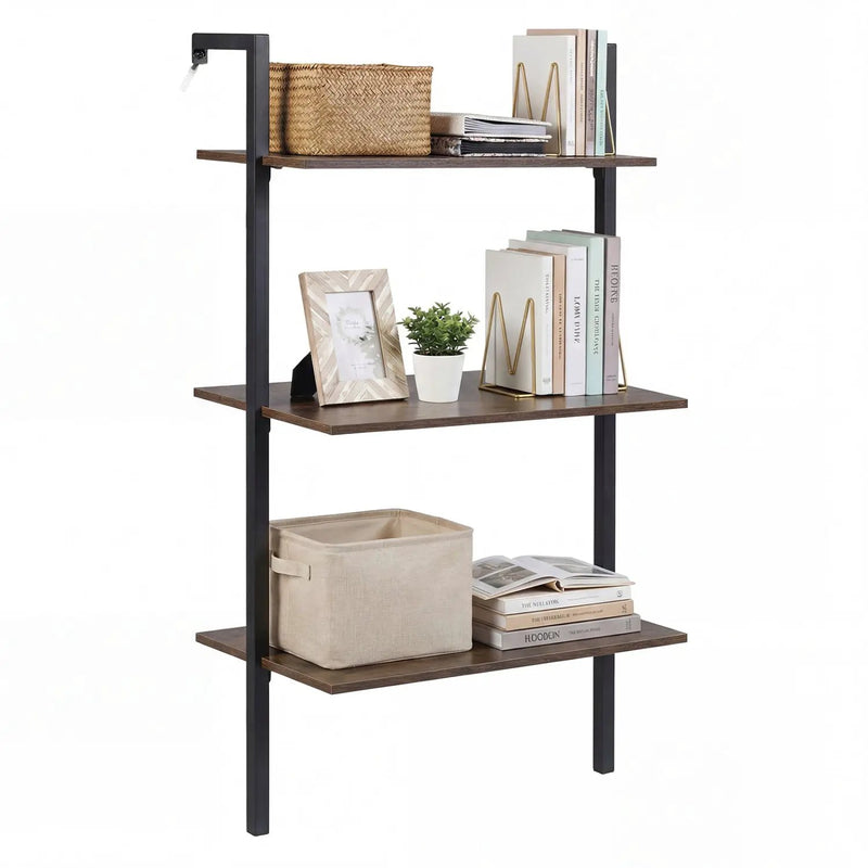 3-Tier Wall Mounted Ladder Bookshelf - Rustic Brown by DirectDeals