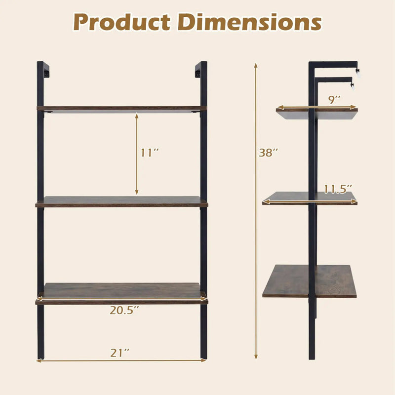 3-Tier Wall Mounted Ladder Bookshelf - Rustic Brown by DirectDeals