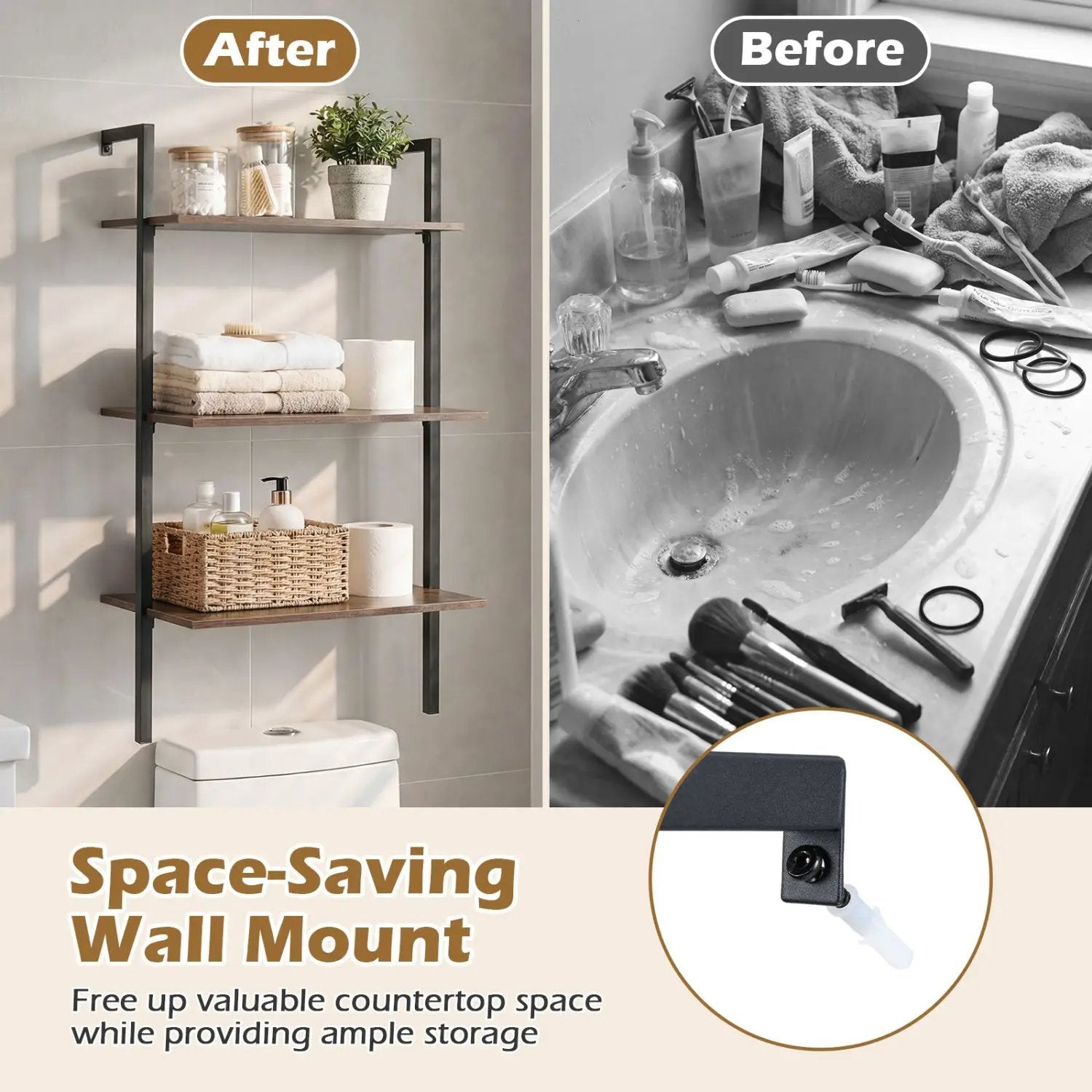 3-Tier Wall Mounted Ladder Bookshelf - Rustic Brown by DirectDeals