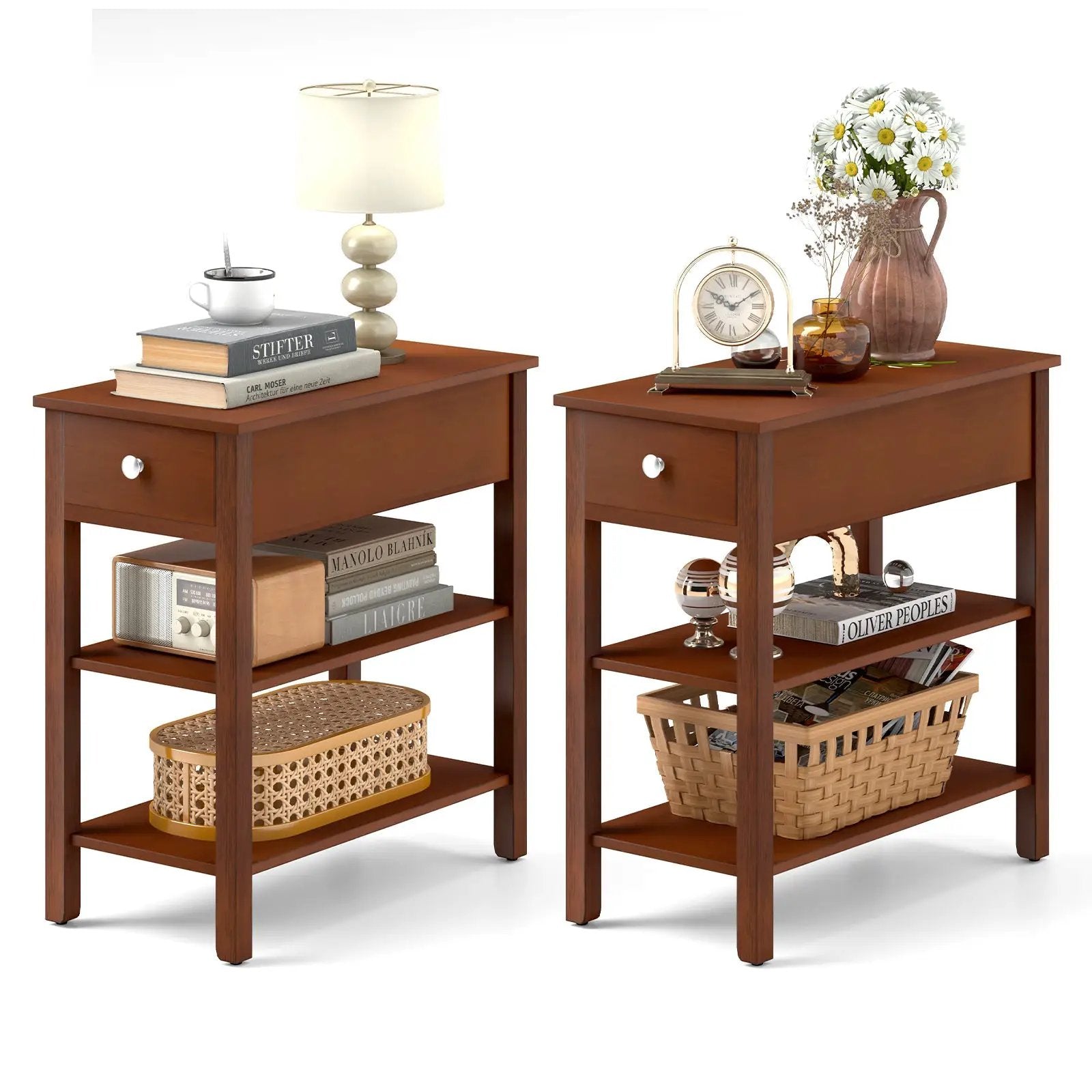 3-Tier Narrow End Table with Drawer and Storage Shelves Set of 2 by DirectDeals