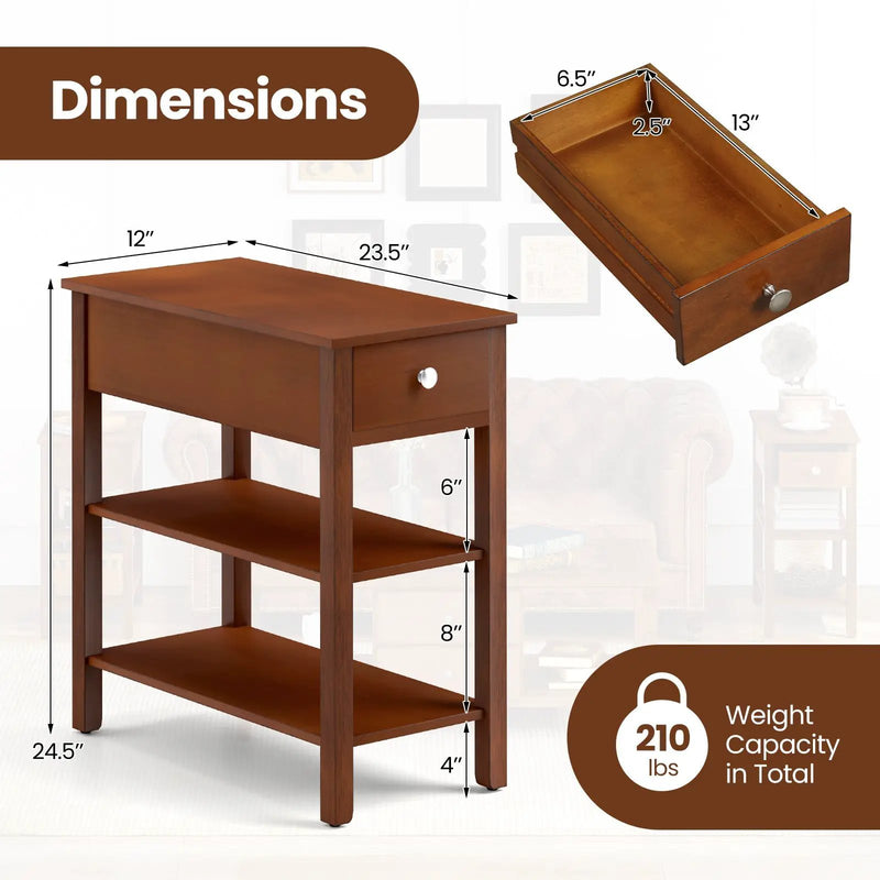 3-Tier Narrow End Table with Drawer and Storage Shelves Set of 2 by DirectDeals
