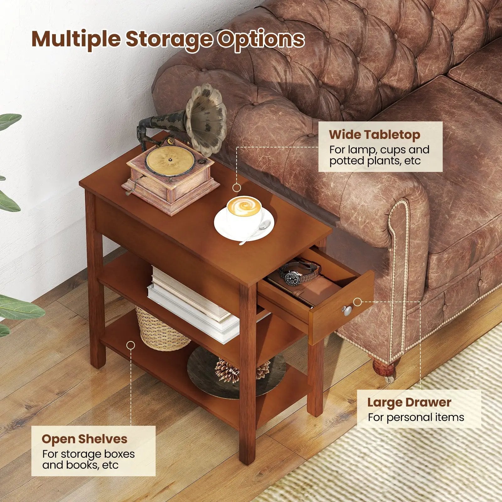 3-Tier Narrow End Table with Drawer and Storage Shelves Set of 2 by DirectDeals