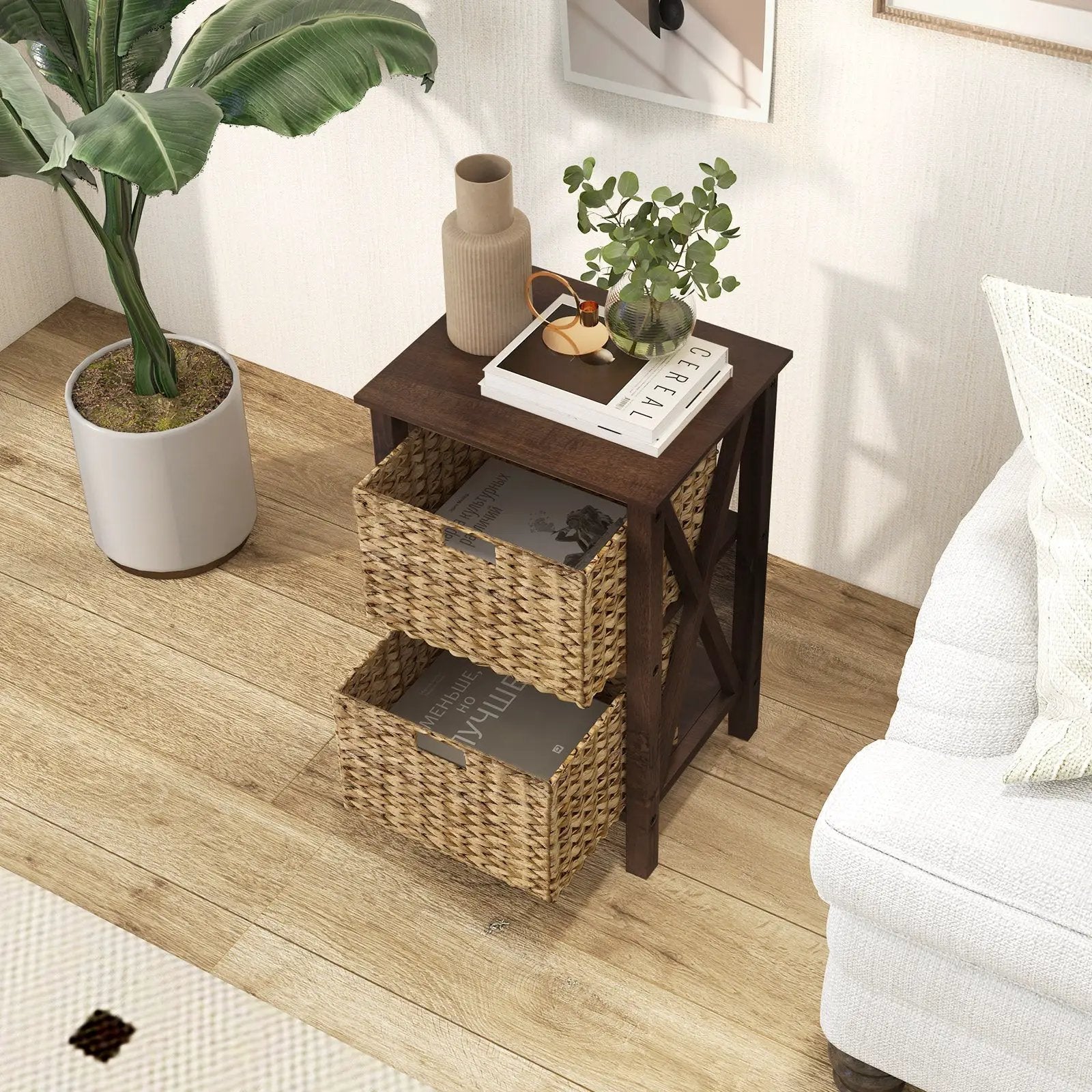 3/4-Tier Nightstand with 2 Seagrass Baskets Narrow X-Design-3 by DirectDeals