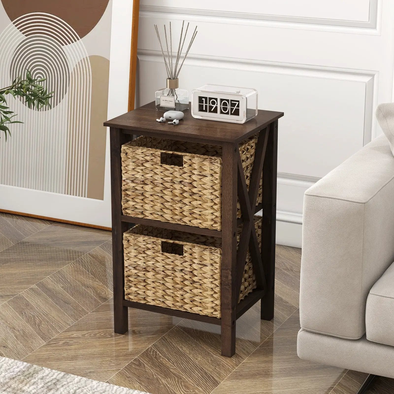 3/4-Tier Nightstand with 2 Seagrass Baskets Narrow X-Design-3 by DirectDeals