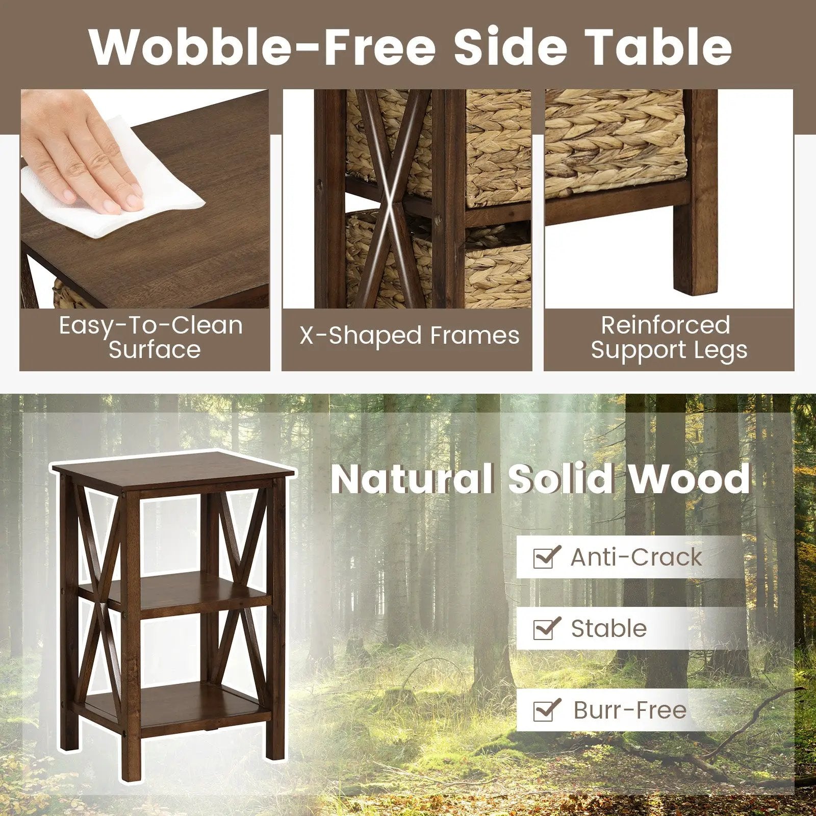 3/4-Tier Nightstand with 2 Seagrass Baskets Narrow X-Design-3 by DirectDeals