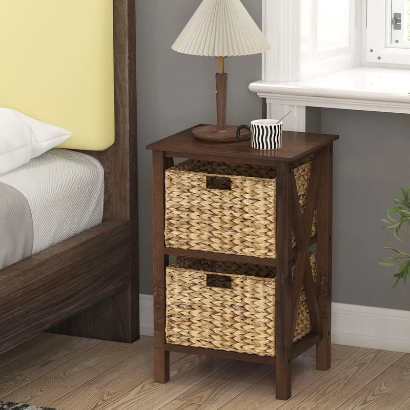 3/4-Tier Nightstand with 2 Seagrass Baskets Narrow X-Design-3 by DirectDeals