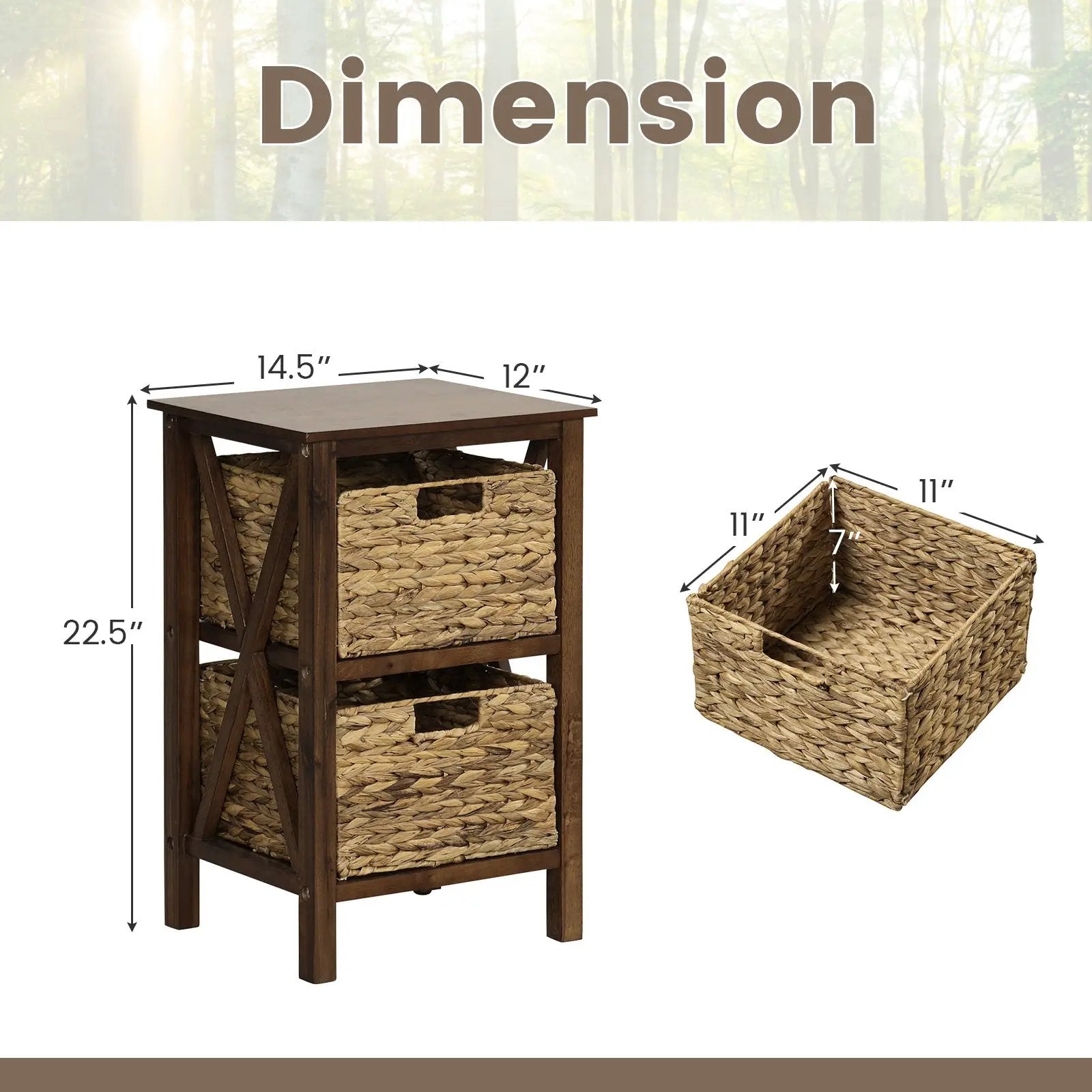 3/4-Tier Nightstand with 2 Seagrass Baskets Narrow X-Design-3 by DirectDeals