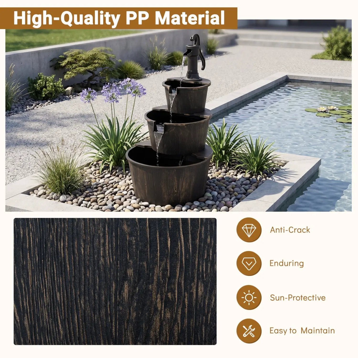3-Tier Barrel Waterfall Fountain with Electric Pump by DirectDeals