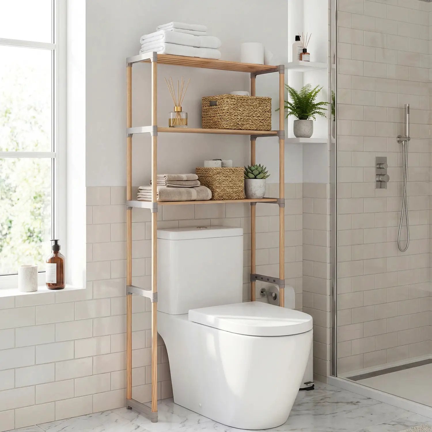 3-Tier Over The Toilet Storage Rack with Open Shelves-Gray by DirectDeals